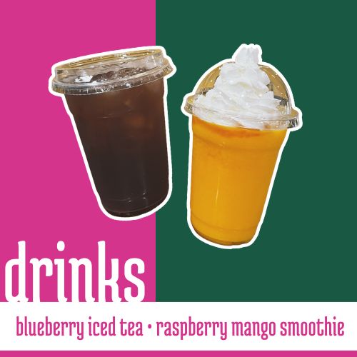July Drinks - blueberry iced tea, raspberry mango smoothie